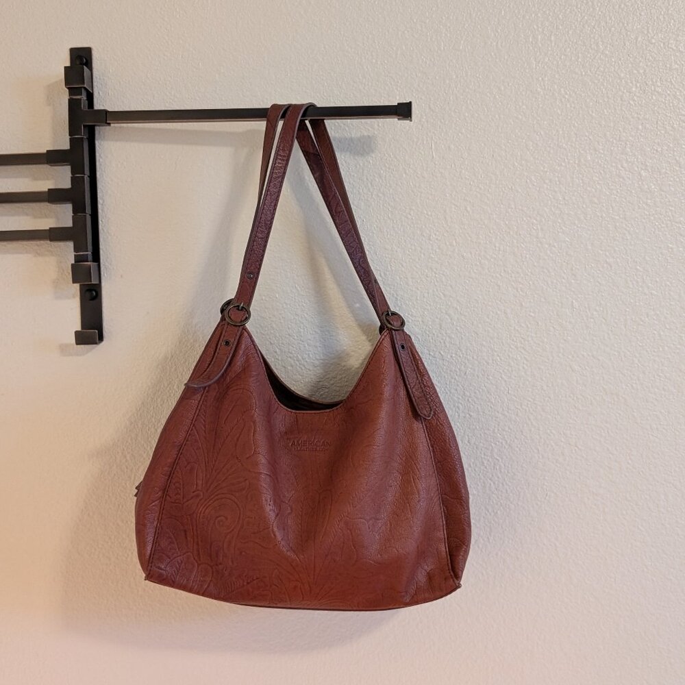 American Leather Co. Tooled Floral Embossed Leather Hobo Bag - Brown